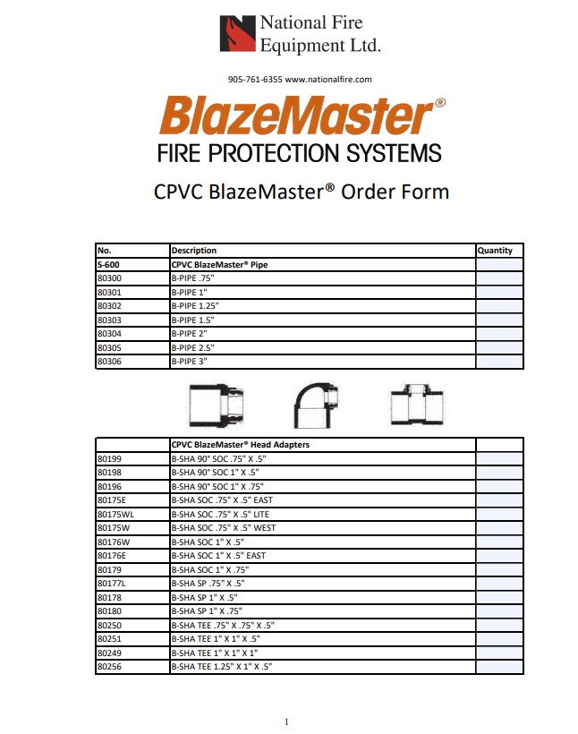 SPRINKLER SYSTEM PRODUCTS Blazemaster Products CPVC BlazeMaster® Order Form
